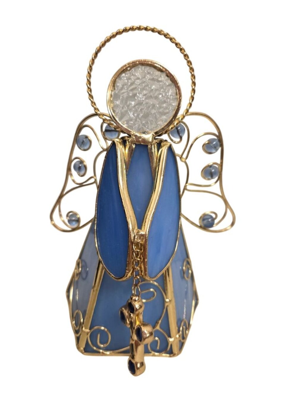 6" Stained Glass Blue Angel Tea Light Candle Holder Gold Detail